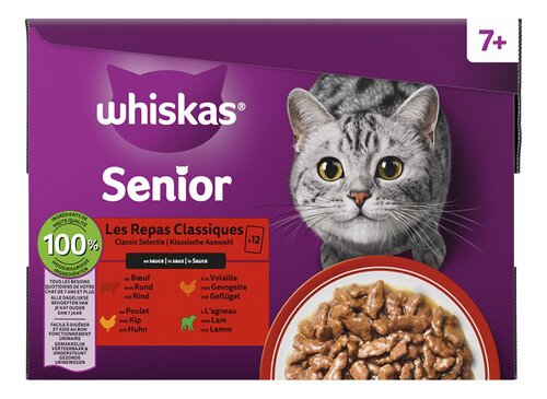 Whiskas: vlees in saus 7+, gevogelte gelei 11+ pouch en 2 andere