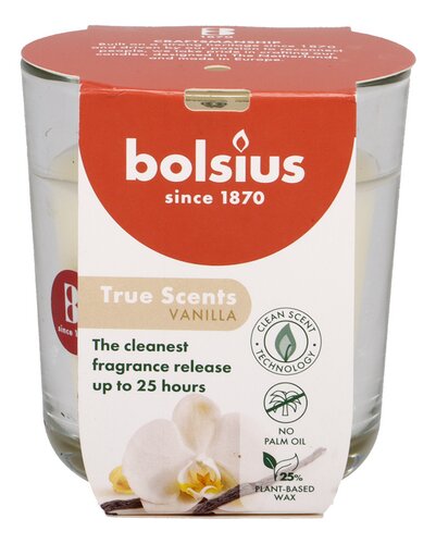 bolsius: geurkaars glas vanille 80/73, geurk. glas appel kaneel 80/73 en 3 andere