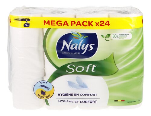 Nalys: toiletpapier Soft 2l 130v, Excellence 5l 73v en 2 andere